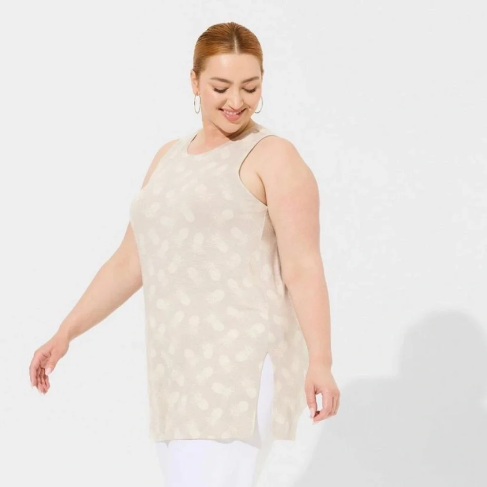 NWT Torrid Super Soft slub crew neck side slit tank grand pineapples dew - Picture 2 of 7